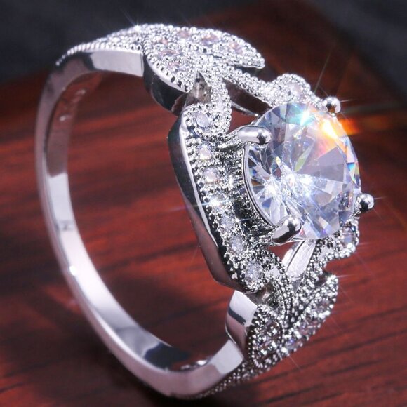 Round Diamond Anillos Retro Flower Silver Vintage Ring for Women, VIP207 - Picture 2 of 5